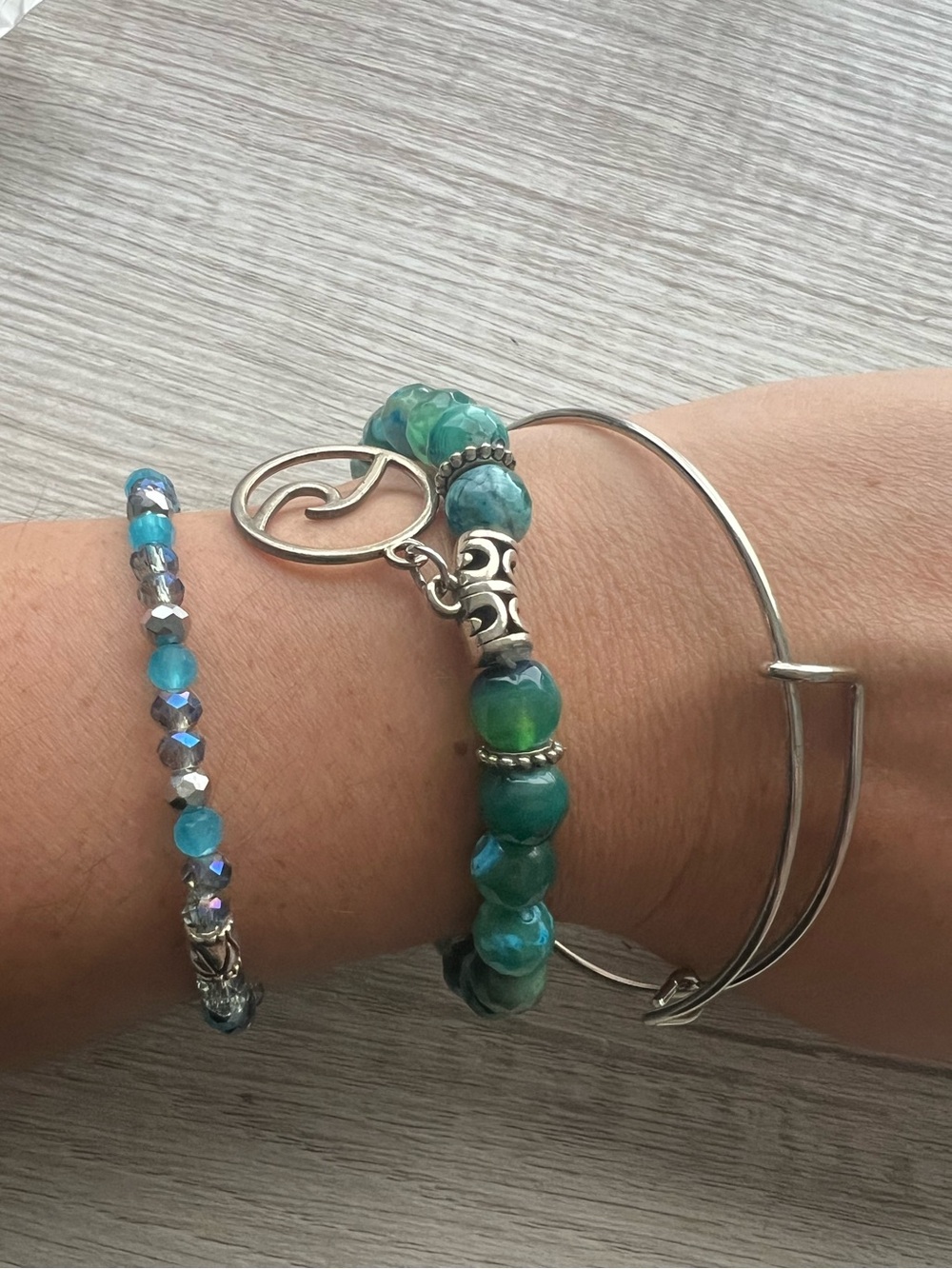 Bohemian Blue & Green Beaded Bracelet Stack with Wave Charm 🌊 nip